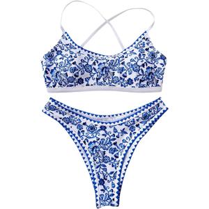 Floerns Women's Floral Lace Up Bikini Swimsuit High Waisted Beach Bathing Suit (Large, Blue and White)