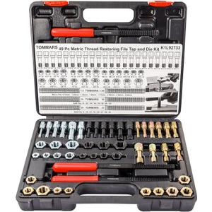 TOMMARS 49-Piece Thread Chaser Set Repair Kit, UNC UNF & Metric with Taps, Dies, and Thread Files for Rethreading and Restoration