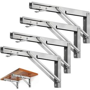 Storystore Folding Shelf Brackets - 16 Inch Heavy Duty Stainless Steel Collapsible Shelf Bracket for Bench Table, Space Saving DIY Bracket (4PCS)