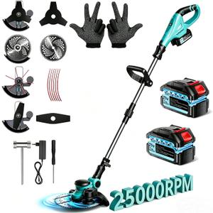 25000 RPM Electric Weed Wacker, 2 Battery, 12 Brushless Cordless 4-in-1 Brush Cutter/Weed Eater/String Trimmer/Grass Trimmer, Electric String Trimmer 2 Batteries and Charger