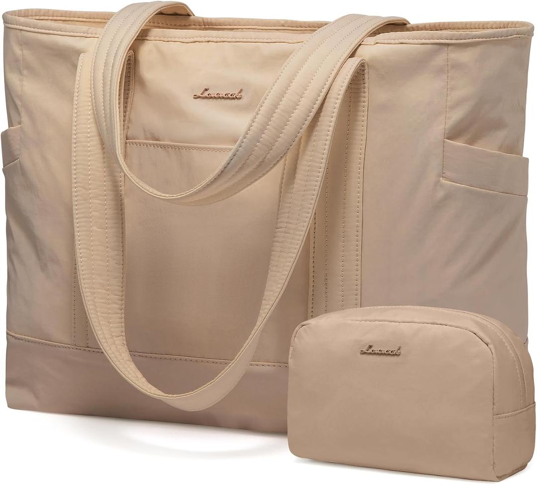LOVEVOOK Tote Bag for Women, Lightweight Gym Tote Bag with Zipper, Work Tote with Laptop Pocket, Nurse Dance Yoga Bag for Travel (Large, Khaki)