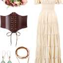 Spooktacular Creations 5Pcs Halloween Renaissance Medieval Dress Costume Women, Fairy Peasant Irish Cottagecore Dress (Small, Beige Dress With Accessories)