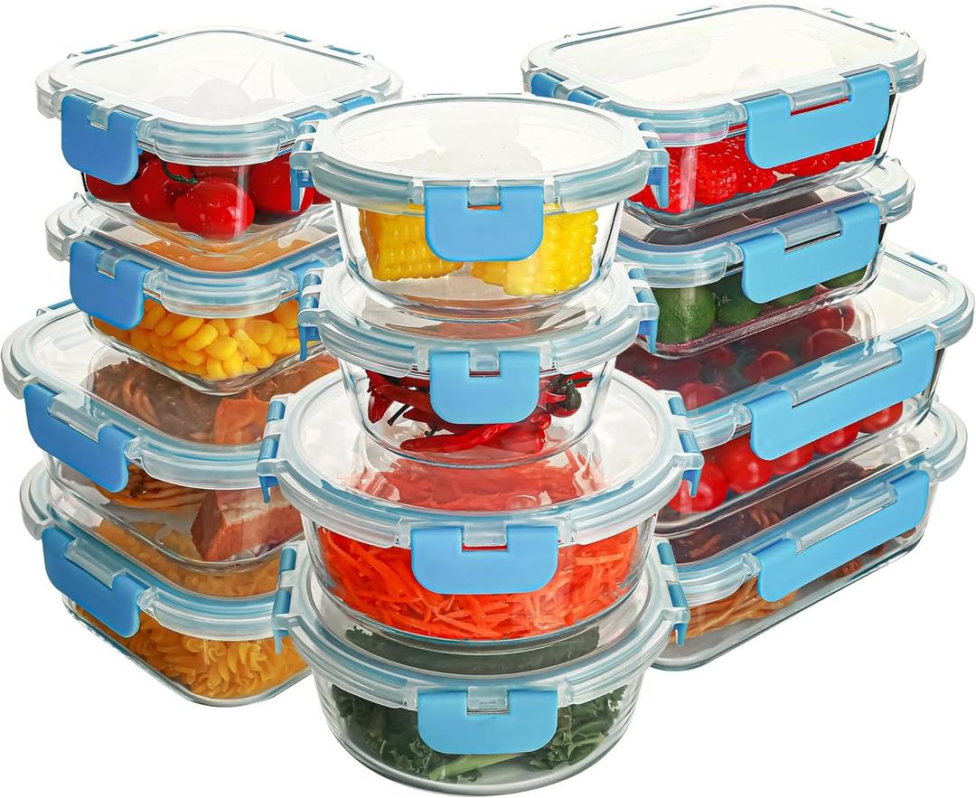 12 Pack Glass Food Storage Containers Set, Glass Meal Prep Containers with Lids, Airtight Lunch Containers, Dishwasher Safe, blue