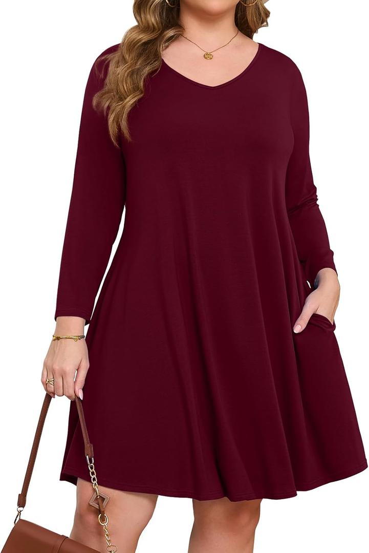 JollieLovin Women 3/4 Sleeve Plus Size Casual Fall Dresses 2025 V Neck T Shirt Long Tunic Dress (1X, Winered)