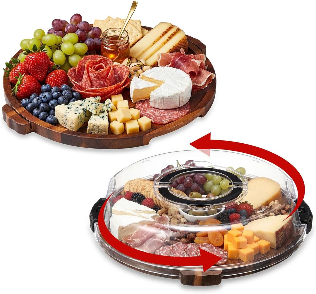 Charcuterie Board, 13.5" Rotation Acacia Wood Serving Tray with Clear Locking Lid Round Portable Lazy Susan Cheese Board Meat Fruit Tray Platter for Picnic, Housewarming Gift, Party Supplies