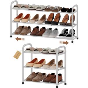 Expandable Shoe Rack, 3-Tier Metal Small Shoe Rack, Adjustable Shoes Organizer, Storage Shelf for Closet, Entryway, White