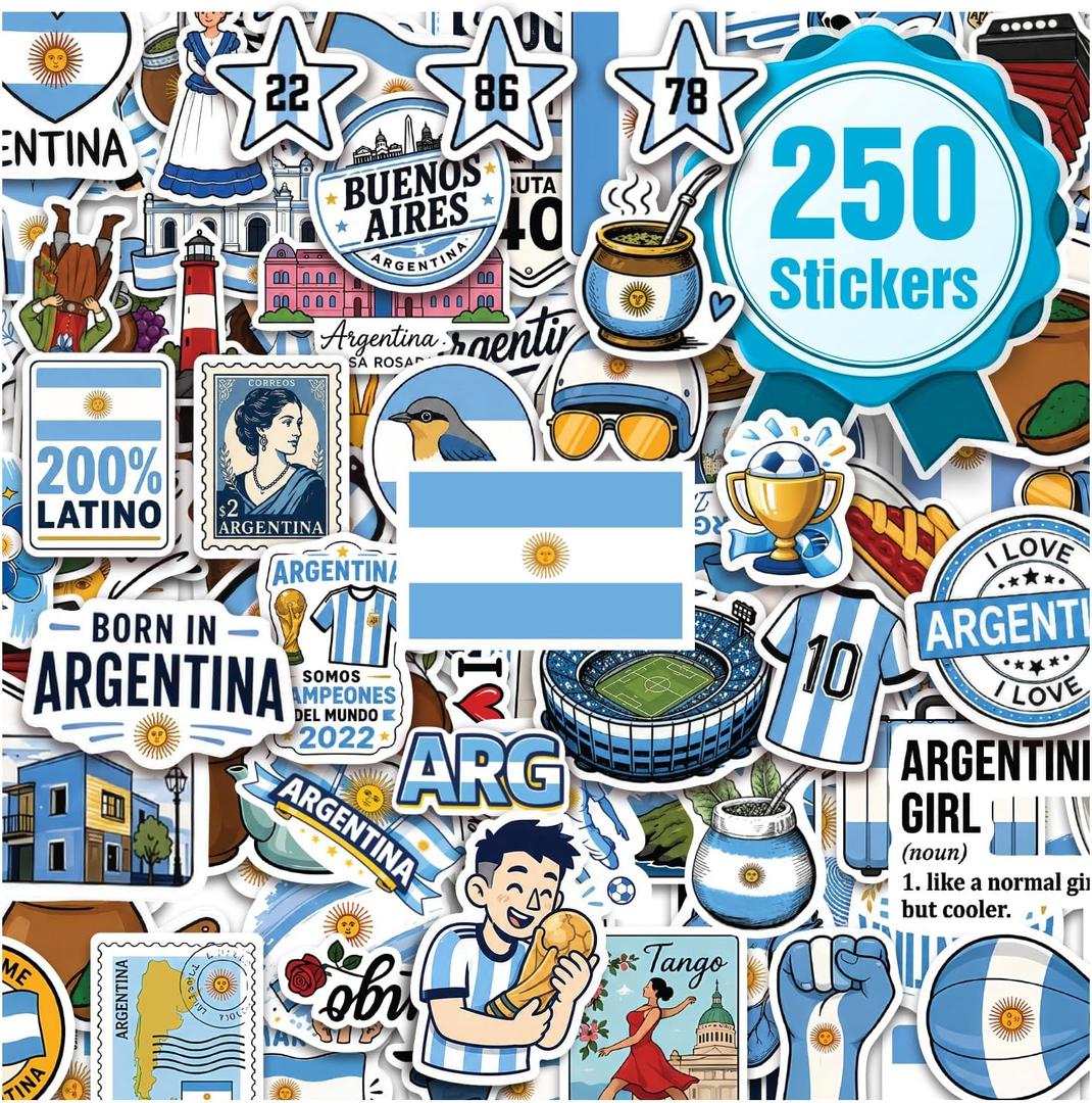Premium 250Pcs Argentina Theme Stickers, Waterproof Vinyl Stickers | 250 Unique Designs, Argentina Theme Decals for Water Bottles Laptops Phone Cases Scrapbooks Party Favors & Travel Accessories, 200 Pcs