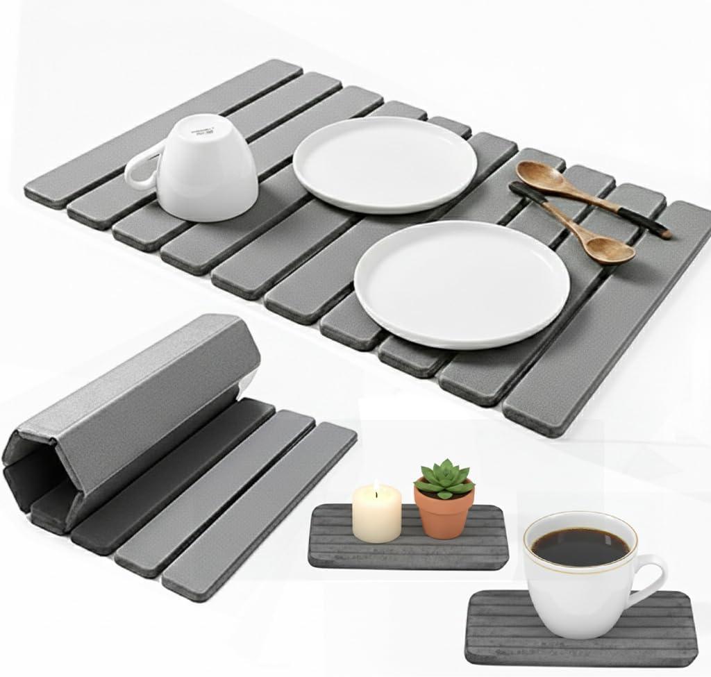 Large Stone Dish Drying Mat for Kitchen Counter, Foldable Quick Dry Stone Dish Mat, Diatomaceous Earth Water Absorbing Pad for Plate Utensils Rack Bottles, Any Countertop (Dark Gray 24"×16" & 2*8"x4")