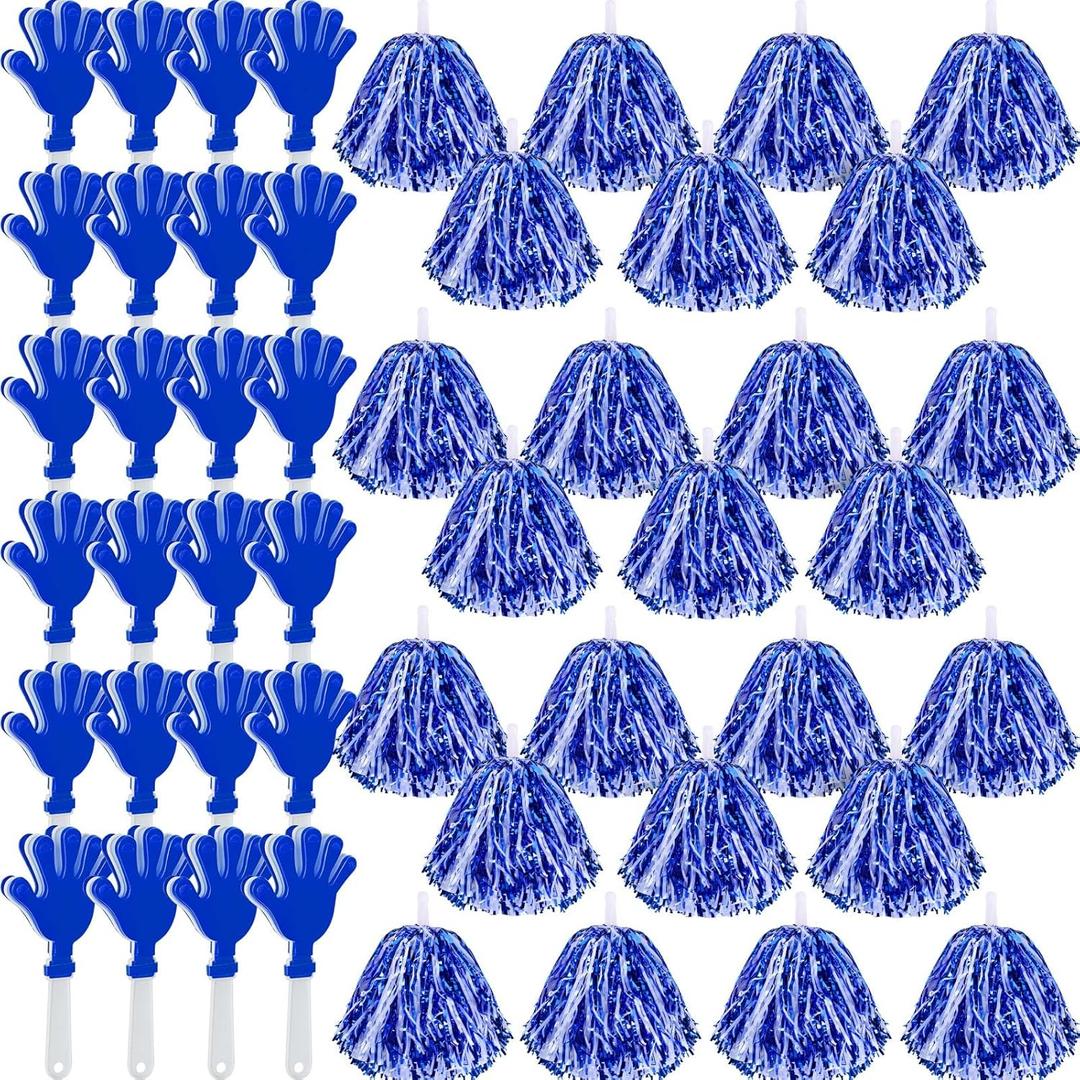 48 Pcs Cheerleading Pom Poms and Hand Clappers Noisemakers Set for Team Spirit Items Sporting Events Football Baseball Cheering Essentials Party Favors DanceBlue and White