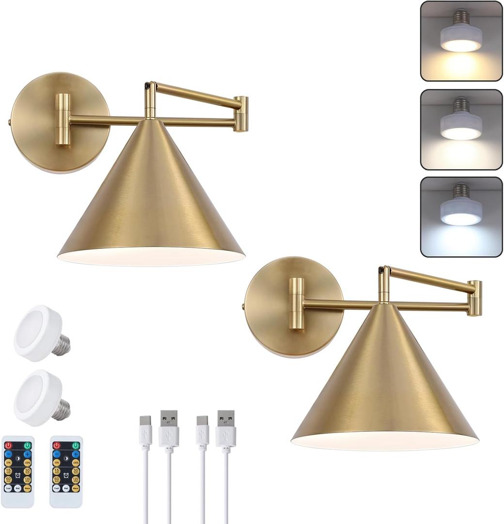 ZCPULS Rechargeable Swing Arm Wall Sconces Set of 2, Gold Battery Operated Wireless Dimmable 3 Color Wall Light with Remote, Cone Indoor Light Fixture for Bedside, Kitchen, Hallway, Living Room, Reading