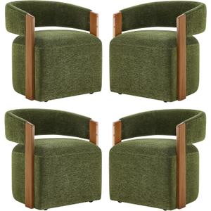 KISLOT Upholstered Dining Chairs with Casters, Modern Barrel Side Armchair with Rollers & Wooden Armrest for Dining Room, Bedroom, Kitchen, Reading Room, Green,