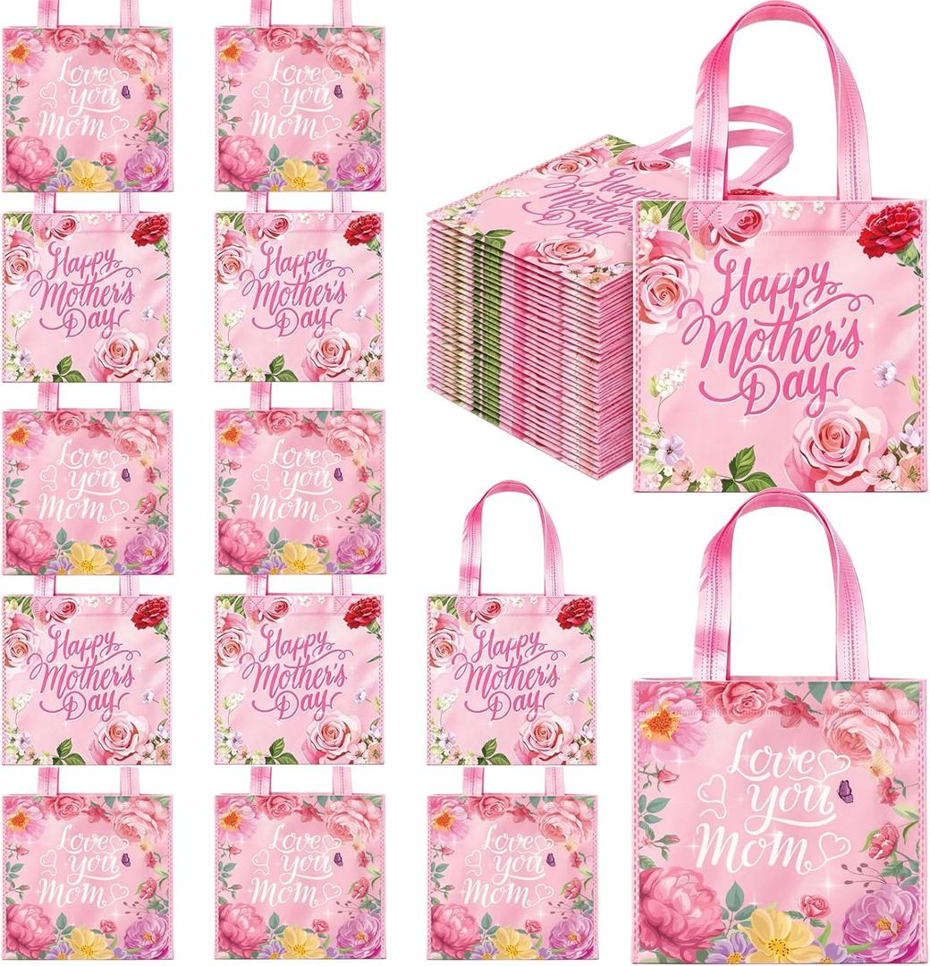MtnBuzin Mother's Day Tote Gift Bags with Handles,20Pcs Bulk Floral Non Woven Treat Goodie Bags Reusable Love Mom Party Favors Gift Wrapping for Happy Mother's Day Birthday Party Supplies