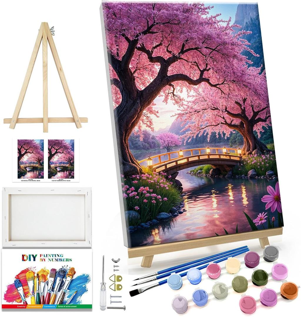 JOOZ Paint by Numbers Kit for Adults with Frame Sakura Paint by Number with Easel Tree Adult Paint by Number Kits Framed Canvas Mountain Waterfall Oil Painting Kits for Gift Home Wall Decor 8x12 Inch (Landscape)