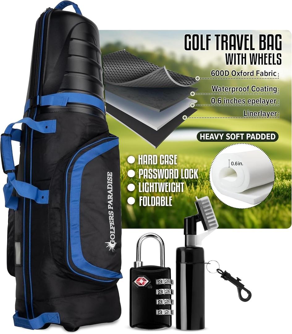 Golf Travel Bag - Golf Travel Bag with Wheels & ABS Hard Case Top for Airlines with Password Lock - Waterproof Lightweight Foldable Hard Shell Golf Club Protector - Hard Case Golf Travel Bag (Blue)