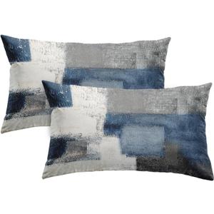 2PC Lumbar Decor Throw Pillow Covers Blue and Grey Cushions Rectangle Design Abstract Art Painting Style Modern Contemporary Home Decorative Cushion Pillow Cases 12" x 20" Pillowcases