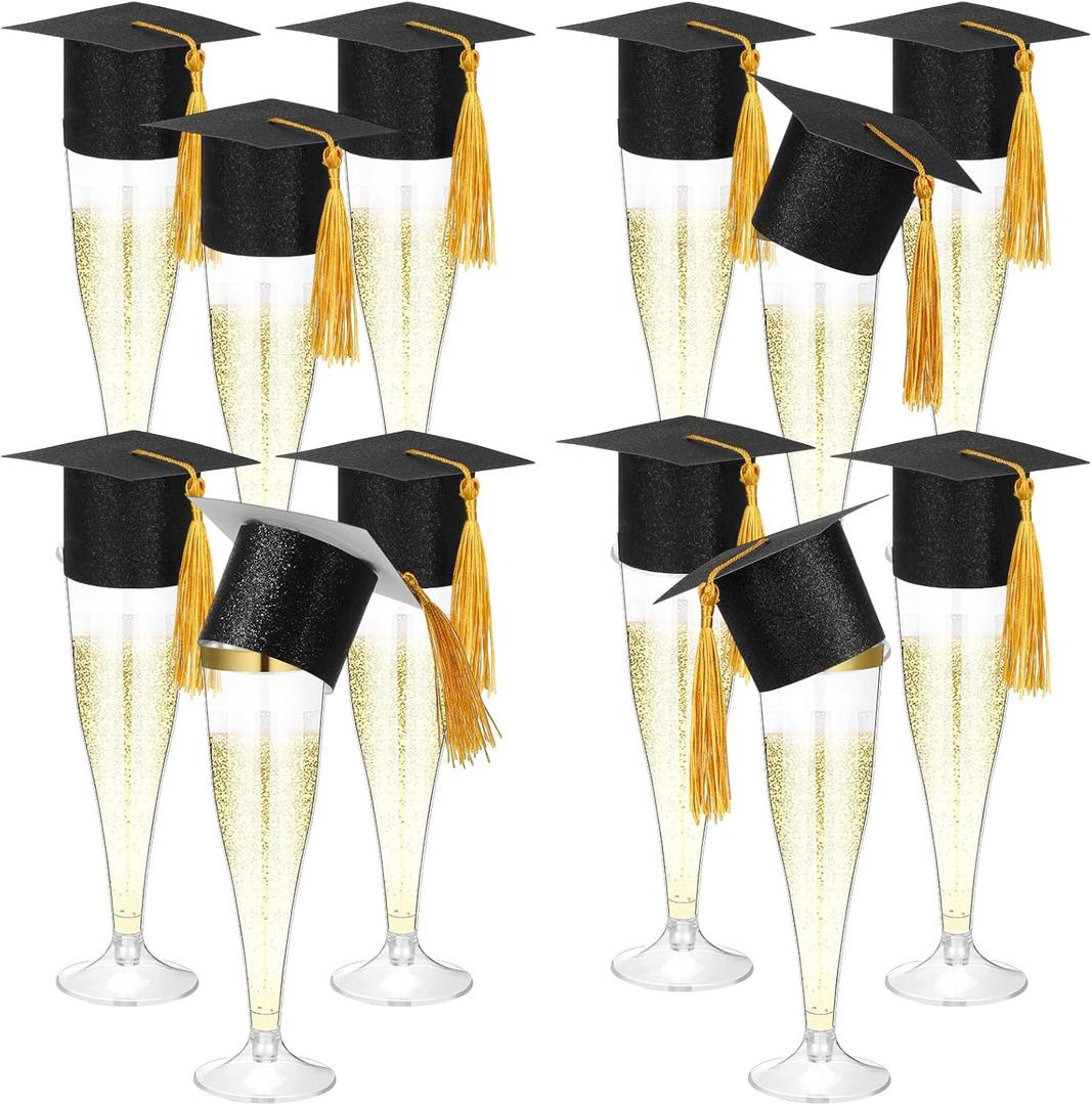 Funnymoom 12 Pack 2026 Graduation Disposable Champagne Flutes Set 4.5 oz Plastic Grad Glasses and Mini Graduation Caps with Tassels for Cocktail Toasting Grad Party Favor (Black)