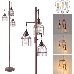 9MMML Floor Lamp for Living Room, Farmhouse Industrial Dimmable Floor lamp, 3 Lights Metal Cage Tree Standing Lamp,68", 3Pcs LED Bulbs Included (Oil Rubbed Bronze B)