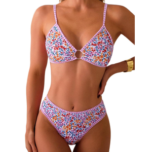 Tainehs Women's Two Piece Bikini Sets O Ring Front Top Ditsy Floral Triangle Swimsuits Cheeky Bathing Suit, M