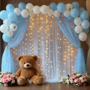 30x10ft Baby Blue Tulle Backdrop Curtain with Lights String for Parties, Sheer Photo Backdrop Curtains with Lights for Wedding Backdrop Ceremony Reception Bridal Shower Baby Shower Birthday Party (6 Panels(5*10FT))