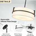 19.7" Black Drum Chandelier,5-Lights Large Drum Pendant Light with White Linen Shade Round Modern Chandeliers for Dining Room Bedroom Kitchen Island Over Table Hanging Ceiling Light Fixtures