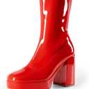 DREAM PAIRS Women's Mid Calf Gogo Boots Platform High Chunky Block Heel Square Toe Ankle Boots (7.5, Red-Pat)