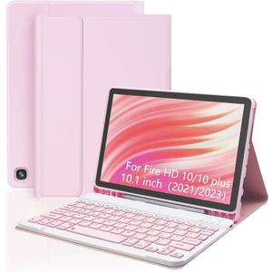 Keyboard Case for Amazon Fire HD 10/10 Plus 10.1 inch, Detachable Keyboard with Type-C Charging Port Cover (Pink+Pink)