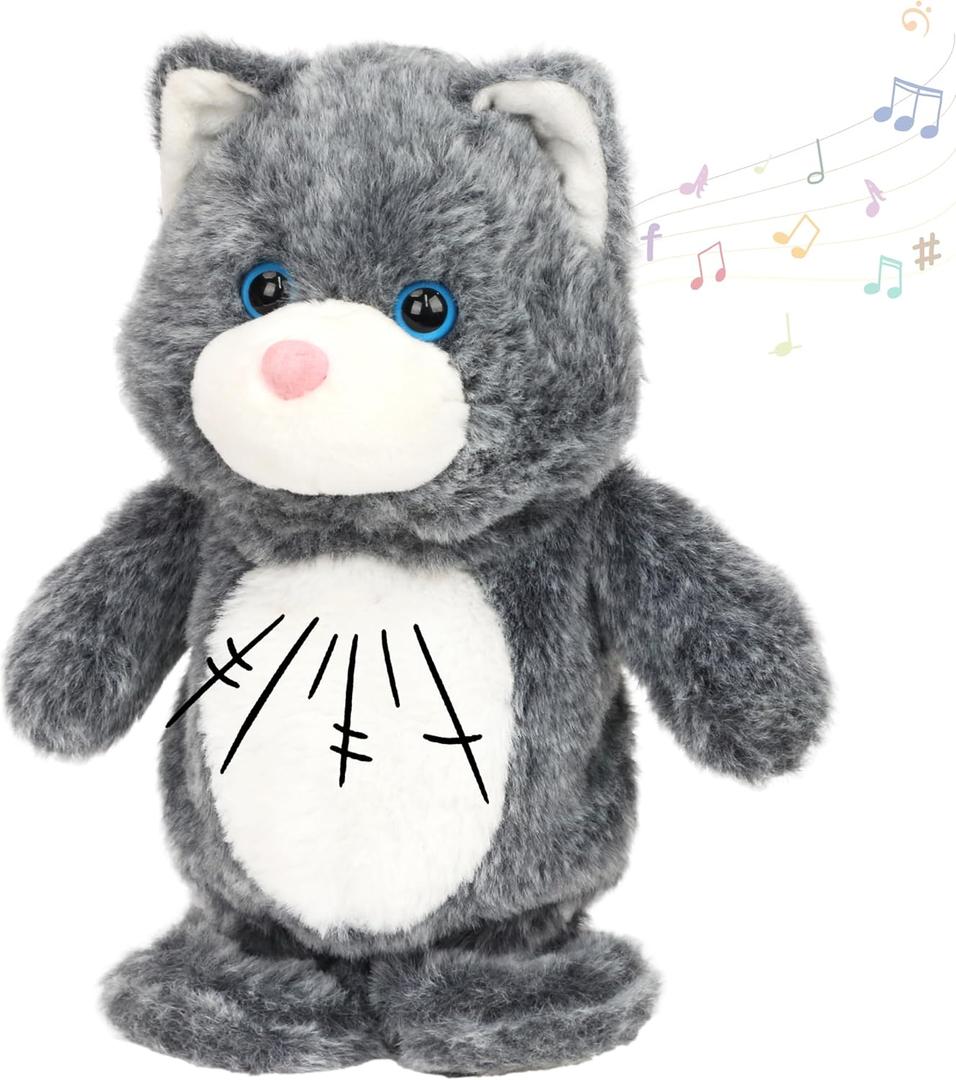 Hopearl Talking Singing Cat Repeats What You Say Kitty Walking Kitten Electric Interactive Animated Toy Speaking Plush Buddy Gifts for Toddlers, Gray, 9''