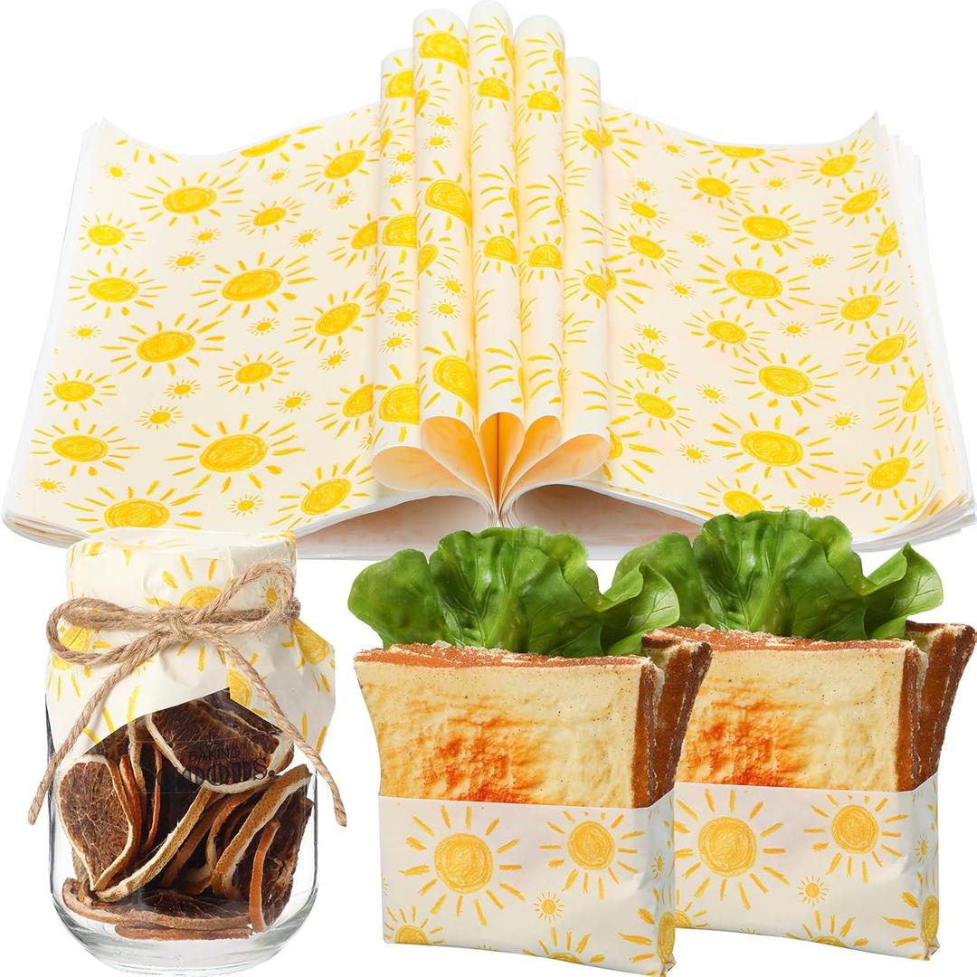 100 Sheet Bohemian Sun Wax Paper for Food Tissue Paper Gift Wrapping Yellow Sun DIY Baking Kitchen Package for Summer Hawaii Wedding Picnic Hamburgers Sandwiches Desserts