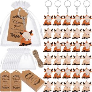 36 Sets Highland Cow Baby Shower Party Favors Keychains with Organza Bags Thank You Kraft Tags Rope Cow Themed Return Gift for Gender Reveal Birthday Wedding Rewards Party Supplies