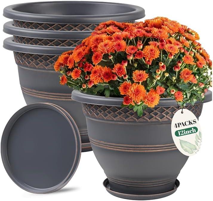 4 Pack 12 Inch Large Plant Pots, Plastic Flower Pot for Indoor & Outdoor with Drainage Holes & Saucer, Plaid Pattern Planters Garden Pots for Herbs Bronze (Copper)
