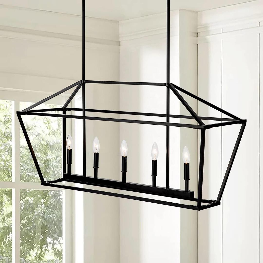 Untrammelife 5-Light Linear Pendant Light Fixture, Kitchen Island Lantern Pendant Lighting, Linear Chandelier with Adjustable Height in Coal Black Finish (Black)