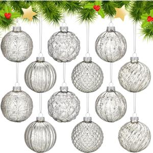 Jenaai 12 Pcs 2.36 Inch Silver Glass Christmas Ball Ornaments Vintage Christmas Tree Decorations Mercury Glass Hanging Ornaments for Trees Xmas Holiday Party Garland DIY Craft Supplies, 6 Style