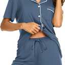 Ekouaer Womens Cotton Pajamas Set Classic Short Sleeve Pjs Set Soft Button Down Sleepwear Loungewear (Small, Navy Blue)