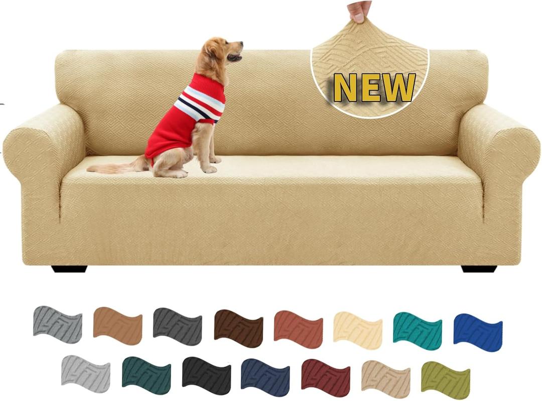 XINEAGE 2025 New 1 Piece Couch Covers for 3 Cushion Couch (79"-91") Stretch Sofa Cover Slipcover Pet Friendly Soft Washable Furniture Protector with Elastic Bottom for Kids,Dog (Sofa, Beige) (Large (71"-91"))