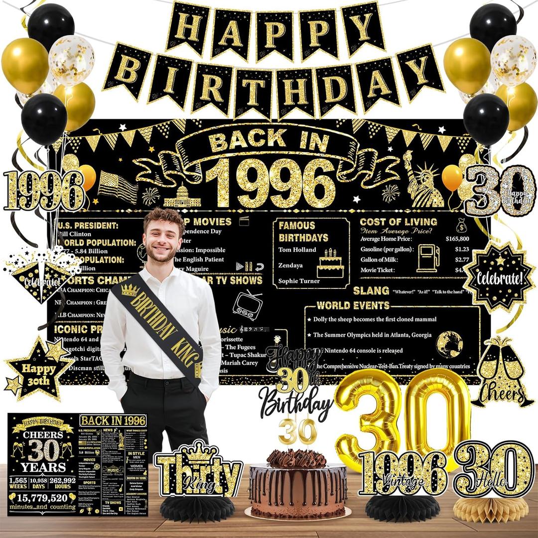 30th Birthday Decorations for Him, Black Gold Back in 1996 Party Decor Kit, Happy 30th Birthday Party Supplies with Sash, Banner, Backdrop, Balloons, Cake Topper, Honeycomb Centerpieces