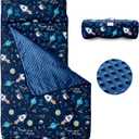 beeweed Toddler Nap Mat, Rollup Design Kid Sleeping Mat with Removable Pillow & Minky Blanket, Toddler Sleeping Bag for Daycare Preschool Travel Camping (Space Ship)
