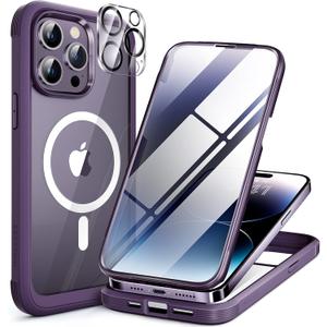 Miracase Magnetic for iPhone 14 Pro Case, [Compatible with MagSafe] [Built-in Tempered Glass Screen Protector] Full-Body Rugged Protective Case with Camera Lens Protector, Magnetic Dark Purple