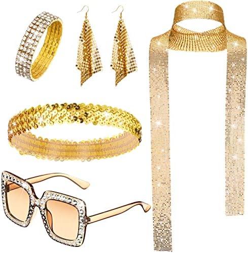 Sasylvia 4 Pcs 70s Disco Accessories Halloween Women Costume Jewelry Sequin Scarf Earrings Sunglasses Bracelet Headband