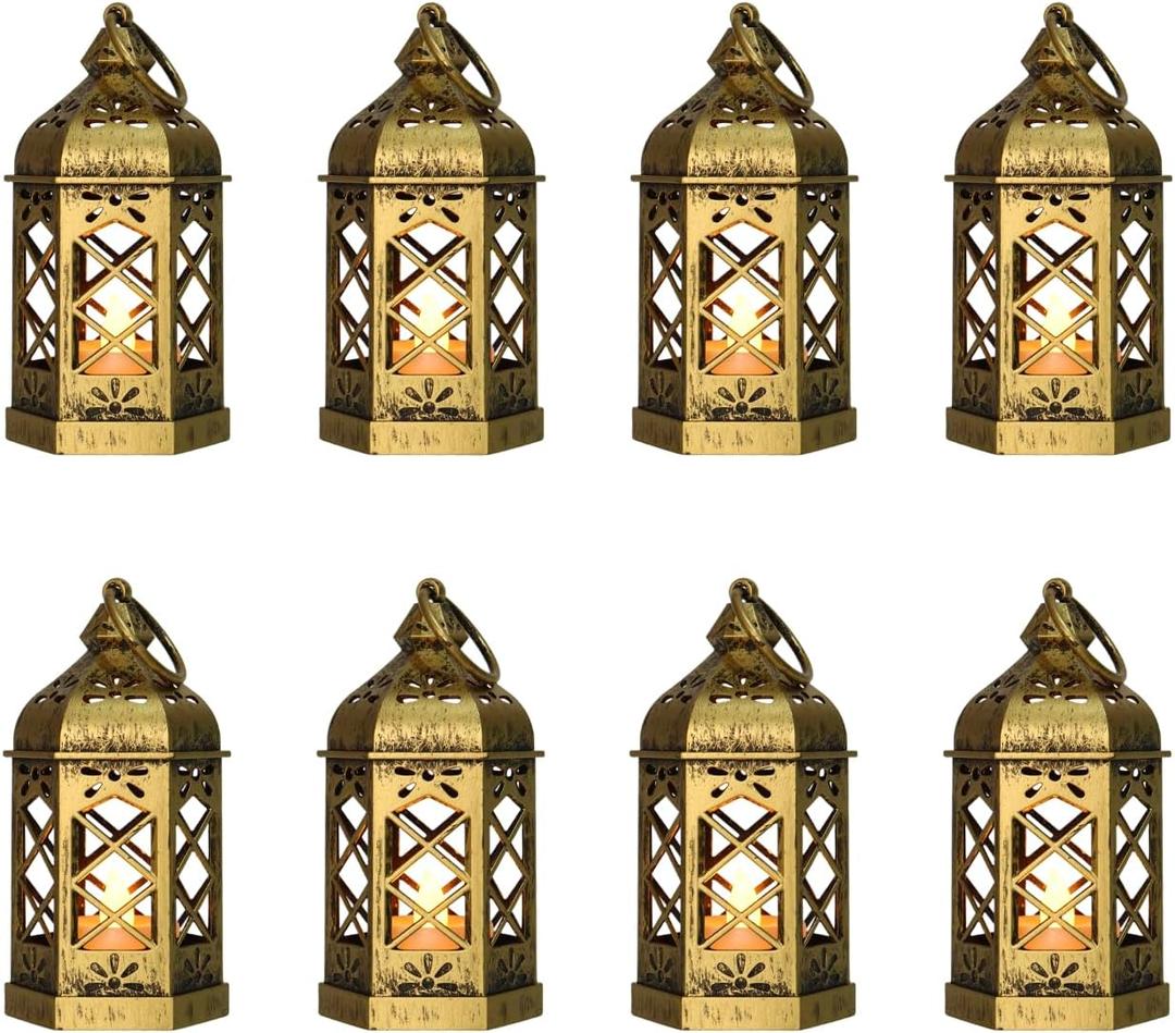 8-Pack Mini Lanterns with Flickering LED Candles for Ramadan, Small Decorative Hanging Lanterns for Halloween, Christmas, Wedding, Gold Lantern for Table Centerpiece, Garden Party Decor