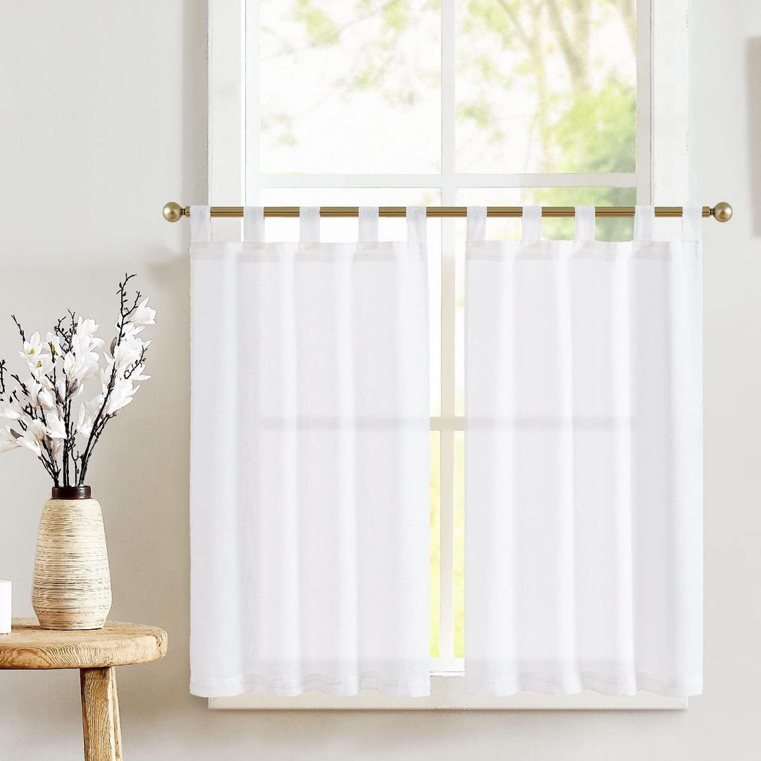 jinchan Kitchen Curtains 36 Inch Linen Tier Curtains Farmhouse Tab Top Small Window Drapes Flax Country Rustic Light Filtering for Bathroom Laundry Room RV 2 Panels White