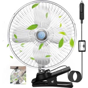 10-Inch Silver Cigarette Lighter Fan, Two-Speed Adjustment, 360-Degree Rotation, Clip-On Design 12 Volt Fan, Perfect for Cars, Trucks, RVs and More (Cord Length 6.56FT)