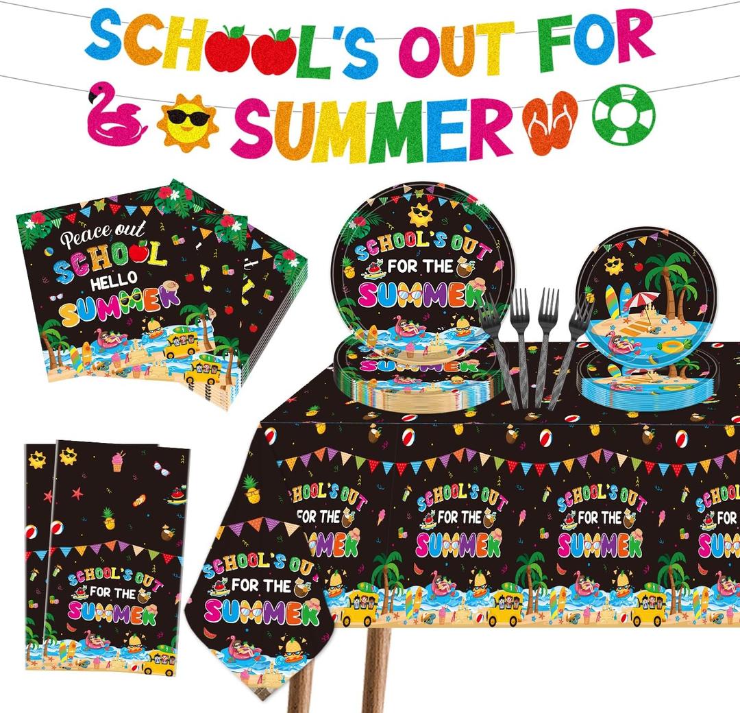 Schools Out for Summer Party Decorations - 100 Pcs School's Out for the Summer Banners Tablecloths Plates Napkins Forks, Last Day of School Pool Supplies for Vacation Serves 24