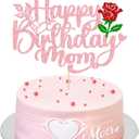 Ephlyn 1Pcs Happy Birthday Mom Cake Topper Glitter Best Mom Ever Cake Decorations for Happy Mothers Day Mom Birthday Party Decorations Pink