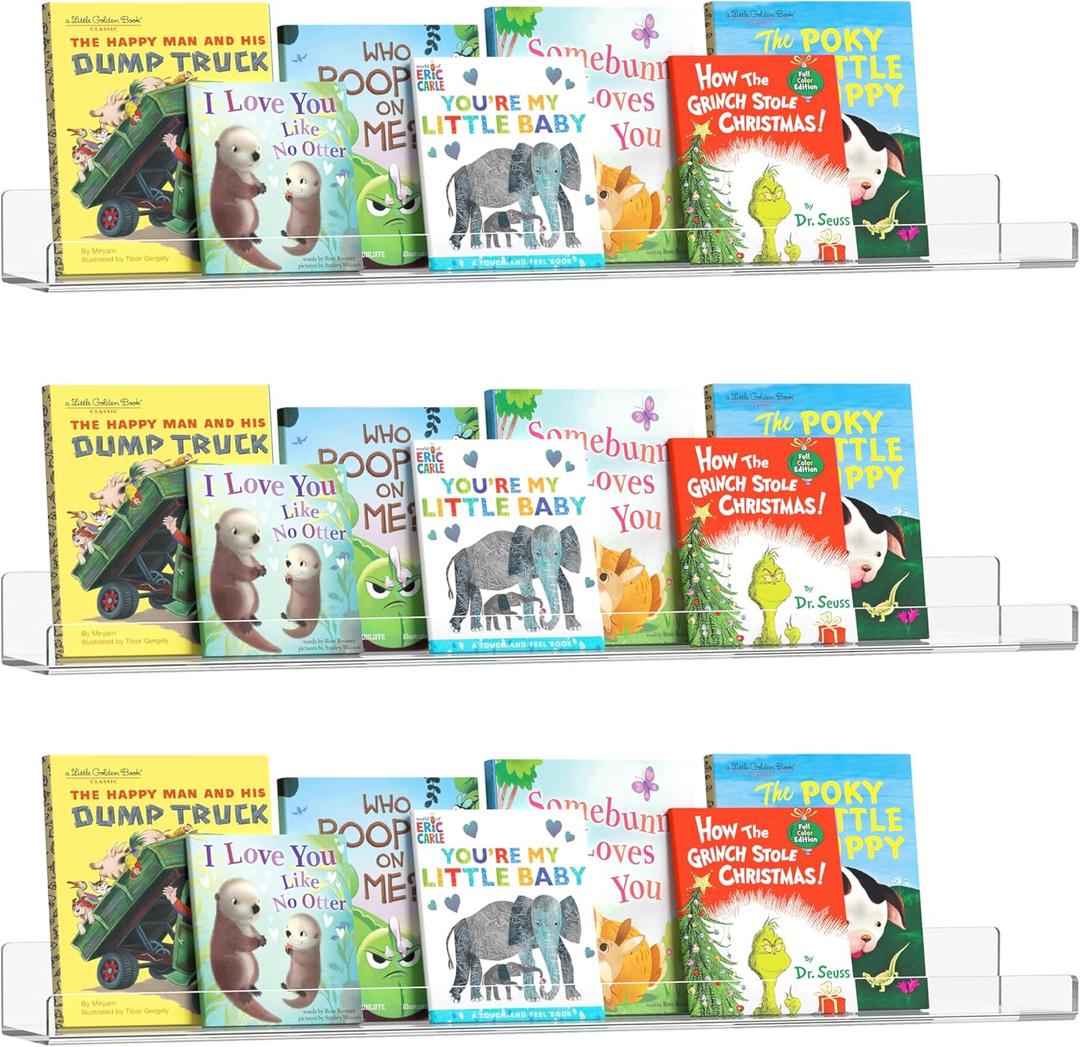 HBlife 24 Inches Invisible Wall Floating Bookshelf for Kids and Nursery, 16 Inch Stud Spacing Clear Acrylic Shelves for Figures, 3 Pack (5MM Thick)