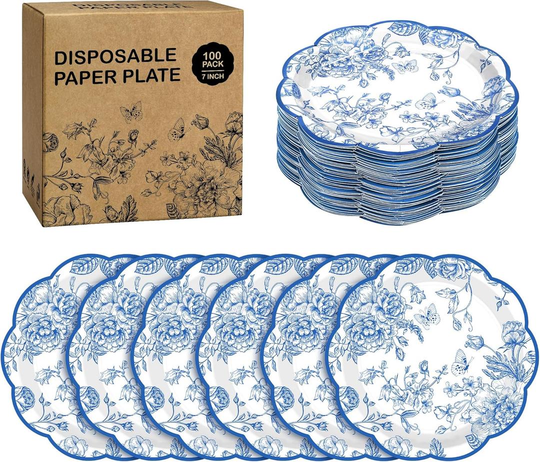 Kochorie 100 Pieces Blue Flower Paper Plates 7 Inches Disposable Floral Paper Plates Scalloped Blue Chinoiserie Vintage Flower Dessert Plate for Wedding Birthday Holiday Party Decor Supplies