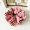 2 Pieces Large Lattice Ruffles Lace Plaid Hair Scrunchies for Women girls, oversized lace plaid hair ties ponytail Jumbo thick curly hairs bun (Pink Red)
