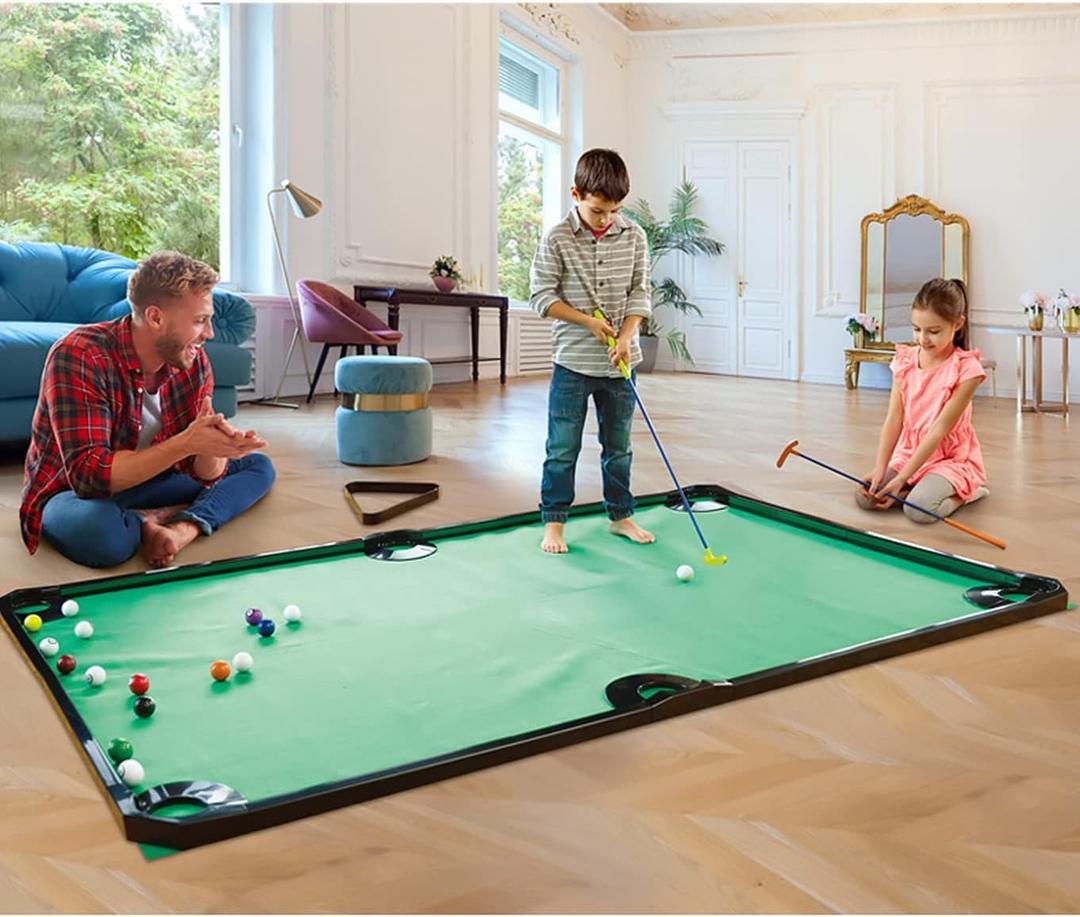 GOODLYSPORTS Golf Game -Combining Mini Pool Table & Golf - Worlds Largest Putting Green IndoorPutting Mat 108.2" L x 57.4" WGolf Pool Indoor Family Game