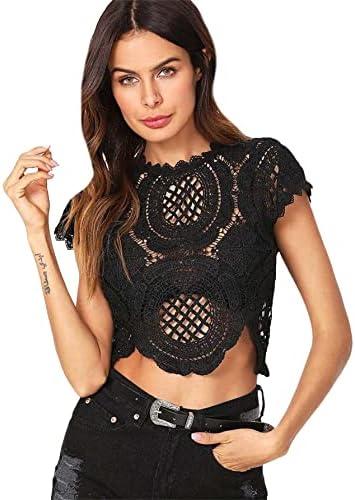 WDIRARA Women's See Through Mesh Lace Crop Top Crochet Short Sleeve Embroidered Tops L WDIRARA Women's See Through Mesh Lace Crop Top Crochet Short Sleeve Embroidered Tops L