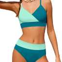Girls Swimsuit V Neck Bikini Set Color Block with Cover Up 3Pcs Bathing Suits (Green, 13-14Y)