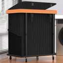 190L (50 Gal) Large Fashion Laundry Basket with Wheels, Leather Patchwork Rolling Hamper Carts, Sturdy Metal Frame, Removable Washable Bag, Tall Clothes Sorter for Bedroom - 2 Section Black